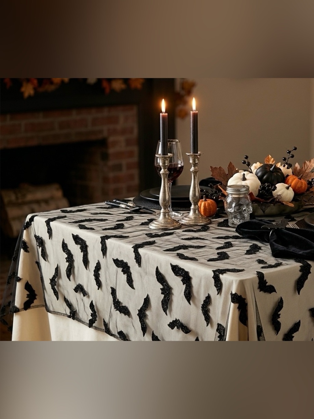 Vintage White Barn Halloween Black Mesh Glitter Flocked Bat Table Overlay 52”